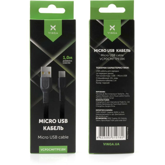 Дата кабелю USB 2.0 AM to Micro 5P 1.0m flat art TPE back Vinga (VCPDCMFTPE1BK)