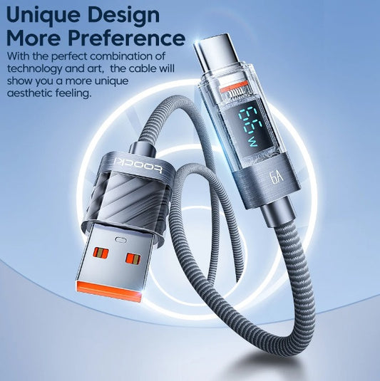 Кабель Toocki USB Type-C PD 100W Fast Charge с дисплеем QC 3.0, 200 см, серый