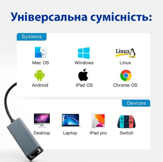 Мережевий адаптер USB 3.0 Type-C — RJ45 Gigabit LAN 1000/100 Мбіт/с