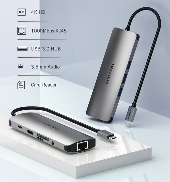 USB-хаб Vention Aluminum 9 in 1 USB 3.1 Type-C - HDMI/USB3.0х3/Type-C/RJ45/TF/SD/3.5 audio