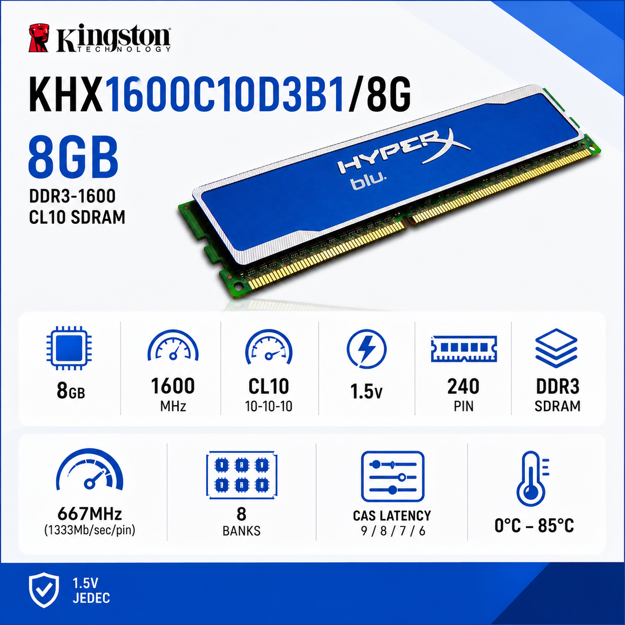 DIMM 8GB DDR3 1600Mhz Kingston KHX1600C10D3B1/8G