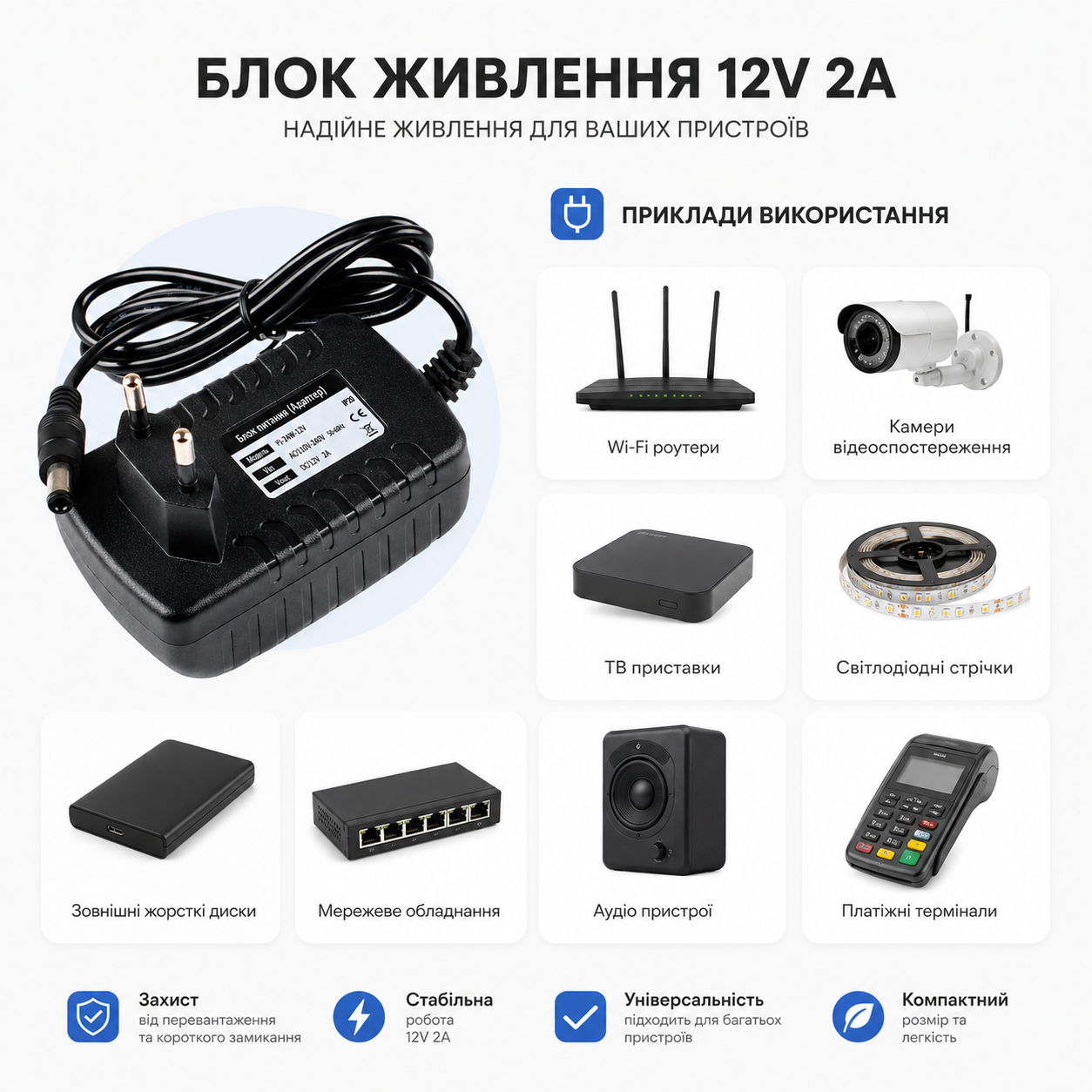 Switching power supply 12V 24W 2A IP20 plug 5.5/2.5