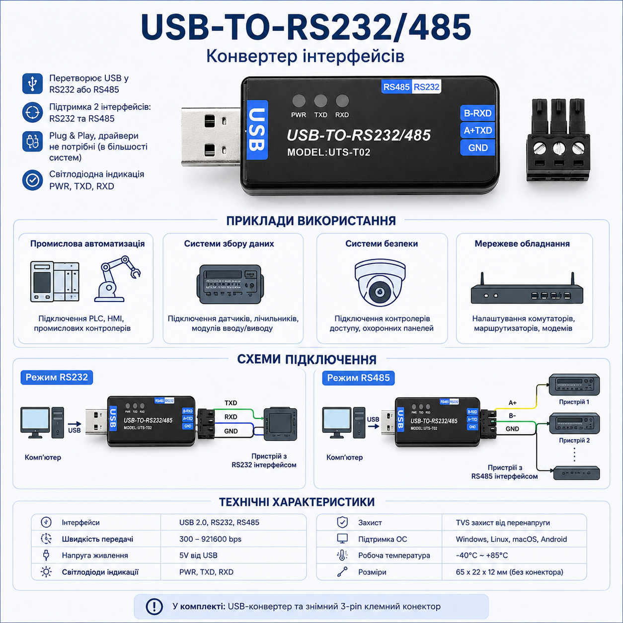 Industrial USB to RS232/RS485 converter UTS-T02