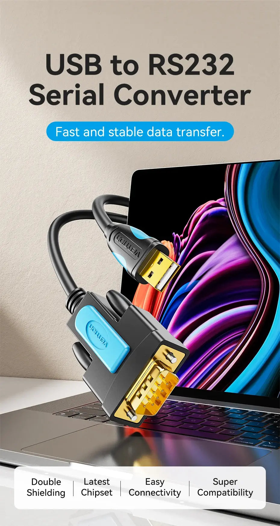 Кабель USB-RS232, 1 метр, Prolific PL2303, Vention VAS-C02-S
