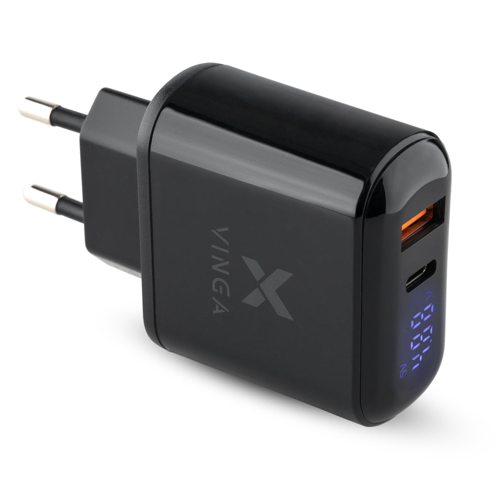Зарядное устройство для Vinga 2 Port QC3.0+PD Display Wall Charger (VWCQPACDBK)