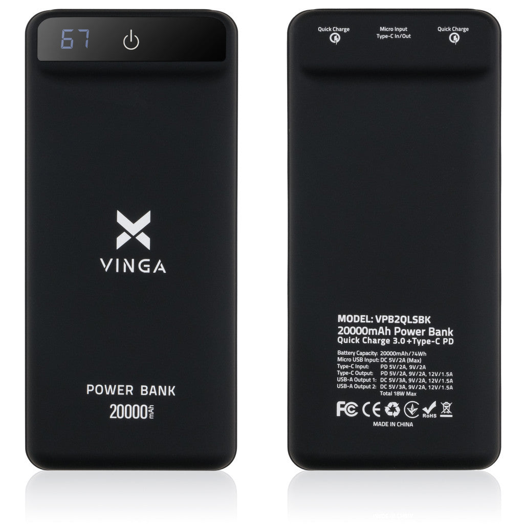 Универсальная батарея Vinga 20000 mAh QC3.0 Display soft touch black (VPB2QLSBK)