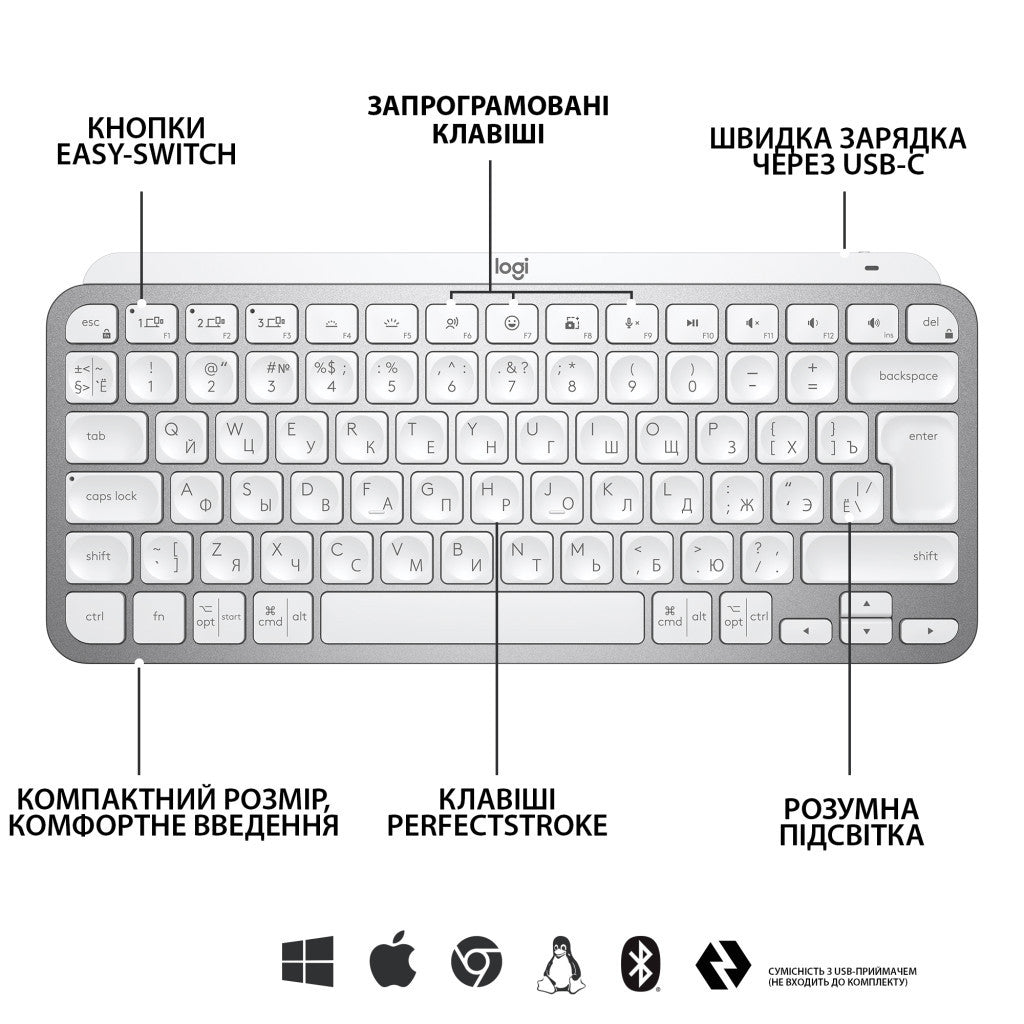 Клавиатура Logitech MX Keys Mini Wireless Illuminated RU Pale Grey (920-010499)