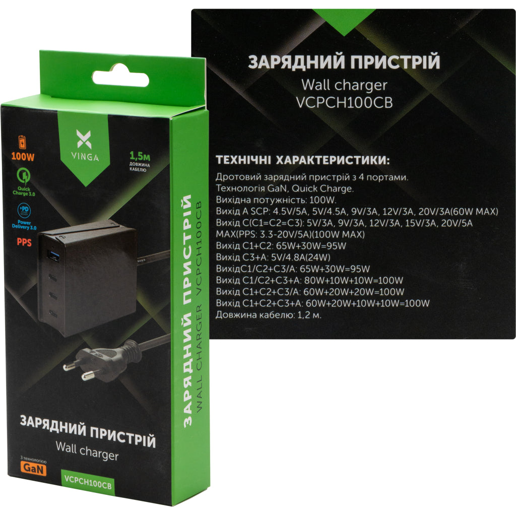 Зарядное устройство для Vinga GaN 100W PD+QC 3C1A ports (VCPCH100CB)
