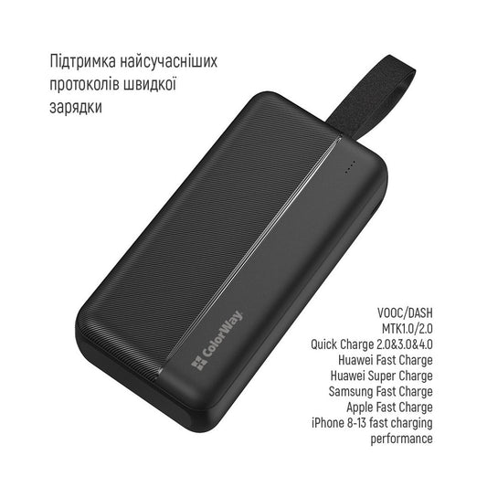 Універсальна батарея ColorWay 30000 mAh High-power 2 PD/20W, QC/3.0, USB-C/Micro-USB (CW-PB300LPC2BK-PD)