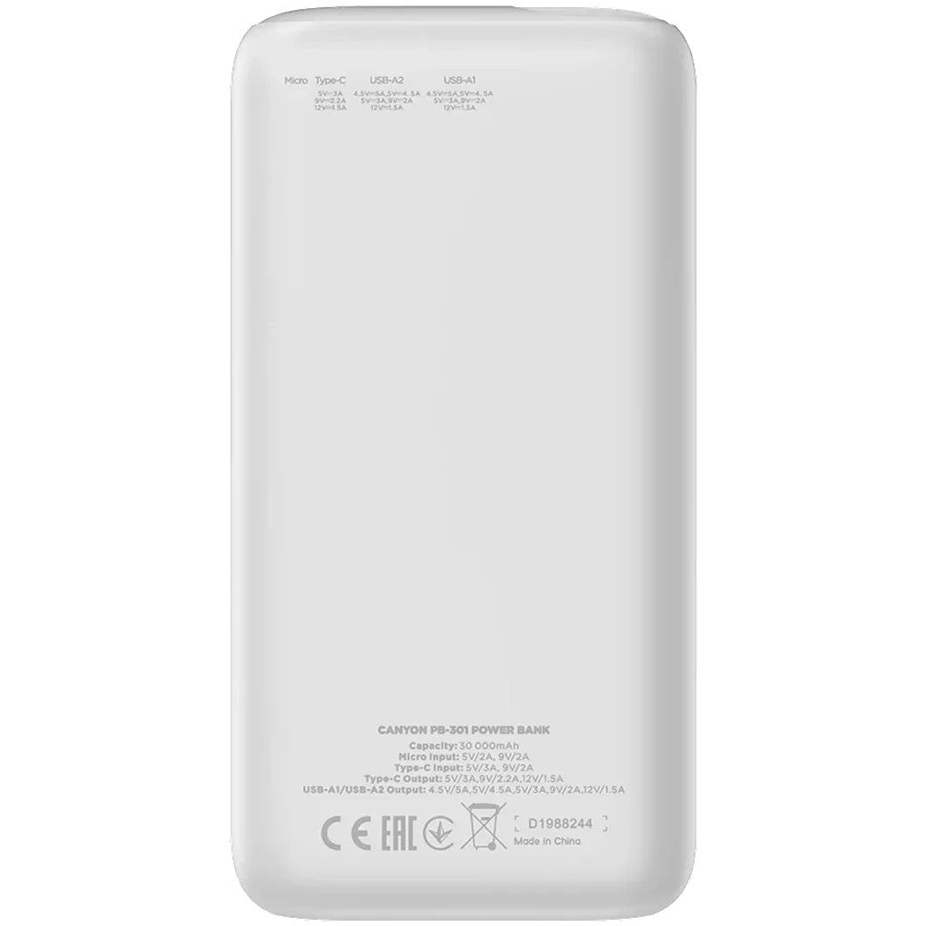 Батарея универсальная Canyon PB-301 30000mAh PD/20W, QC/3.0 (CNE-CPB301W)