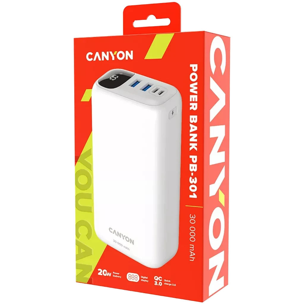 Батарея универсальная Canyon PB-301 30000mAh PD/20W, QC/3.0 (CNE-CPB301W)