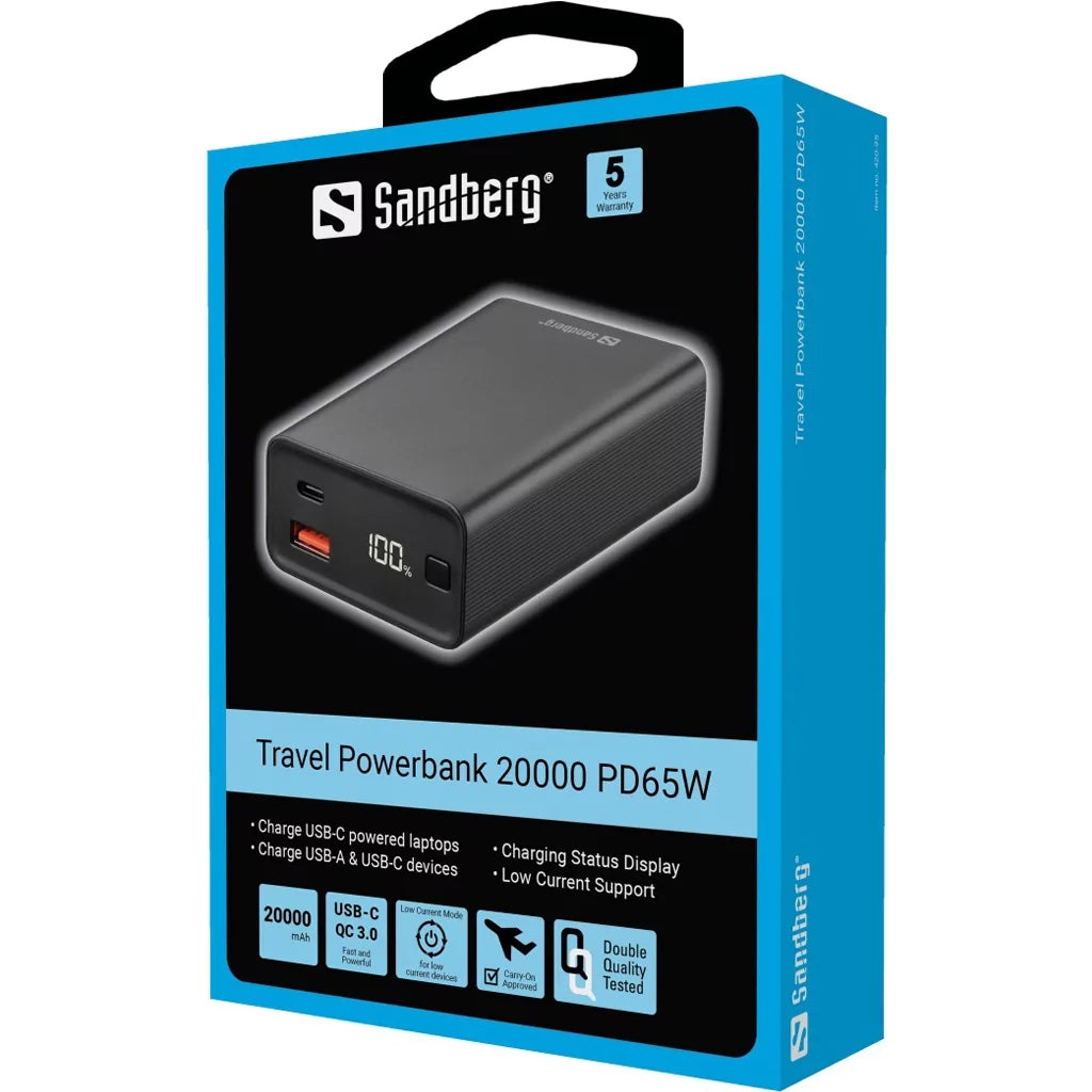 Батарея універсальна Sandberg 20000mAh, PD/65W, QC/3.0, low current mode, +cable 100W (420-95)