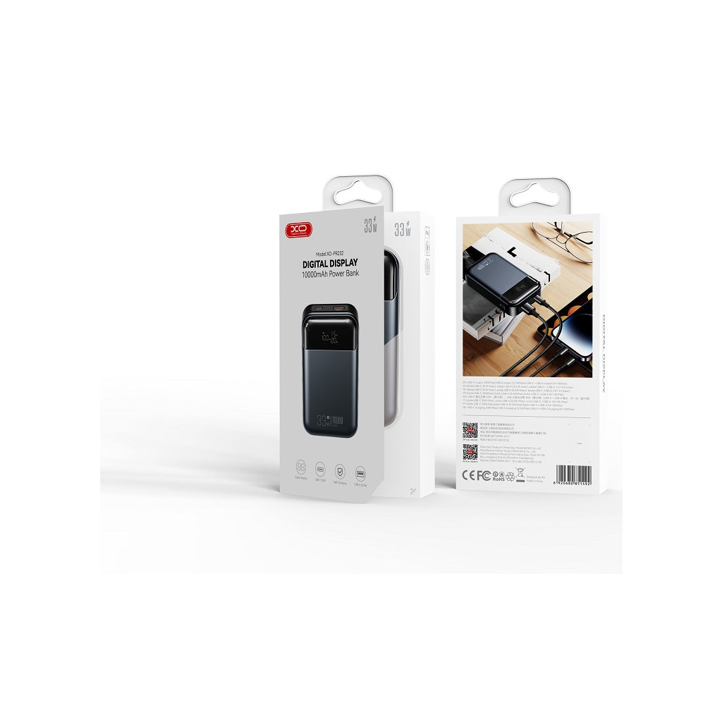 Батарея универсальная XO 10000mAh, PD/30W, QC/22.5W, PPS/33W, черная (PR232_Black)