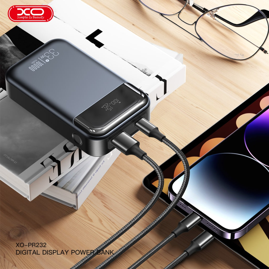Батарея универсальная XO 10000mAh, PD/30W, QC/22.5W, PPS/33W, черная (PR232_Black)