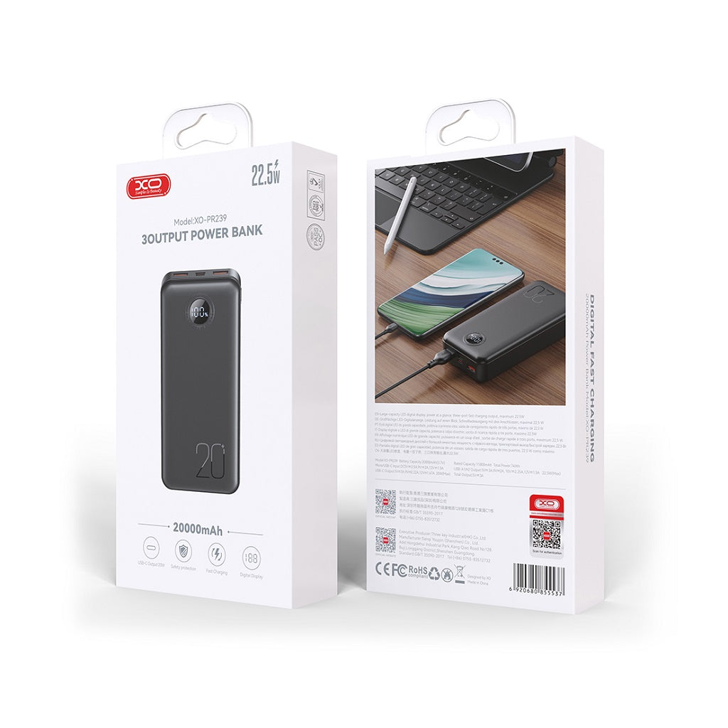 Батарея універсальна XO 20000mAh, PD/20W, QC/22.5W, чорний (PR239_Black)