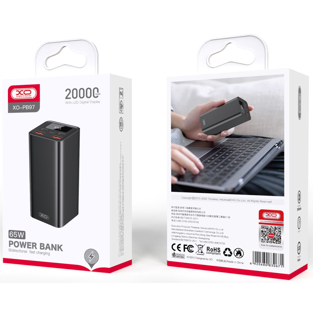 Батарея универсальная XO 20000mAh, PD/65W для ноутбука, QC/22.5W, черный (PB97_Black)