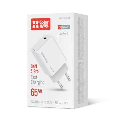 Зарядний пристрій ColorWay GaN Mini 65W USB-C PD PPS (CW-CHS049PD-WT)
