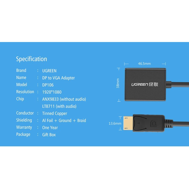 Переходник DisplayPort(M) to VGA(F)/Ugreen 20406