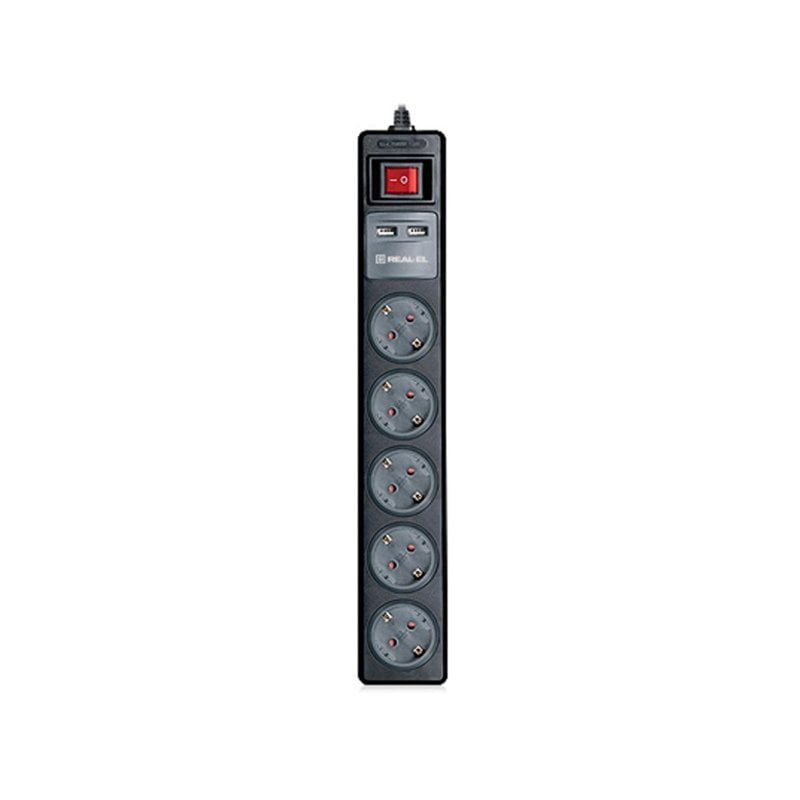 Удлинитель сети REAL-EL RS-5 USB CHARGE 1.8m/black (EL122500002)
