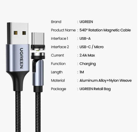 Магнитный кабель Essager Micro USB 2m 2.1A 360°