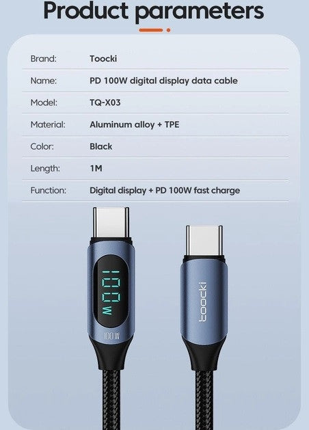 Кабель Toocki Type-C PD 100W Fast Charge QC 3.0, 2м, черный