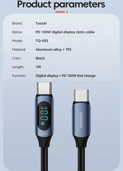 Кабель Toocki Type-C PD 100W Fast Charge QC 3.0, 2м, черный