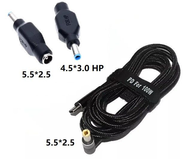 USB Type-C 100W кабель живлення з перехідником DC 4.5×3.0*0.6 HP для зарядки ноутбука