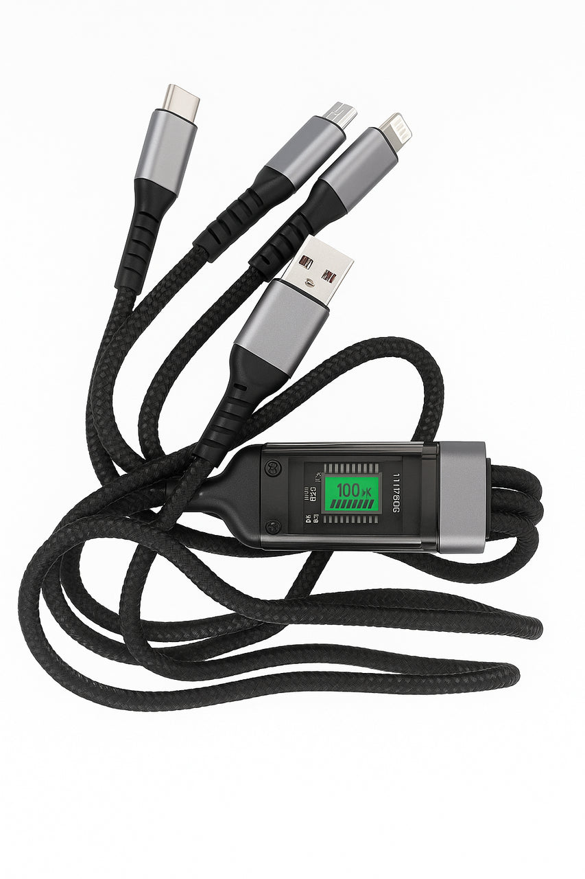 Кабель-трансформер USB-A на Type-C/Micro USB/Lightning 3-в-1, з LED-дисплеєм потужності до 100W