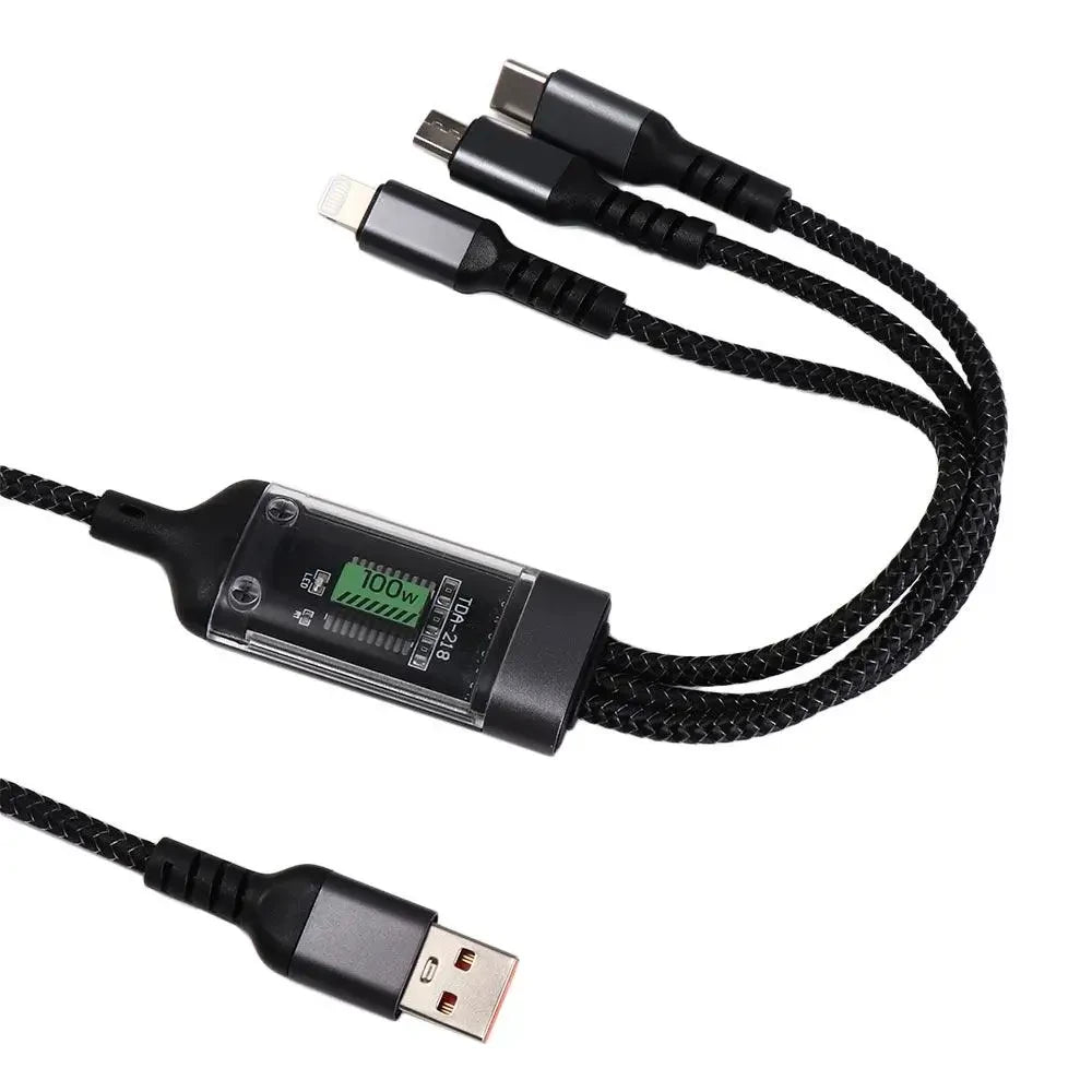 Кабель-трансформер USB-A на Type-C/Micro USB/Lightning 3-в-1, з LED-дисплеєм потужності до 100W