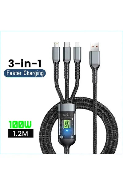 Кабель-трансформер USB-A на Type-C/Micro USB/Lightning 3-в-1, з LED-дисплеєм потужності до 100W