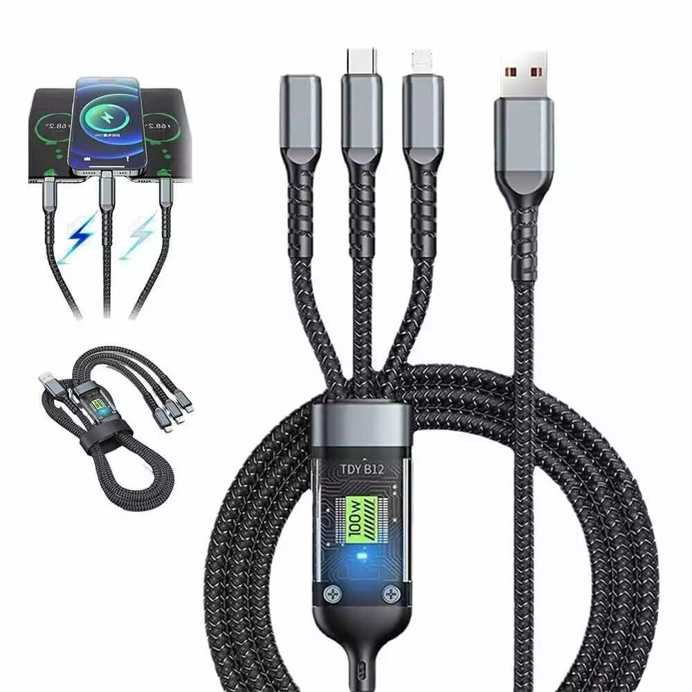 Кабель-трансформер USB-A на Type-C/Micro USB/Lightning 3-в-1, з LED-дисплеєм потужності до 100W