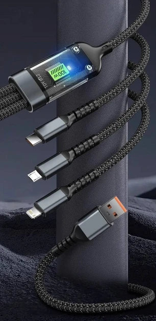 Кабель-трансформер USB-A на Type-C/Micro USB/Lightning 3-в-1, з LED-дисплеєм потужності до 100W