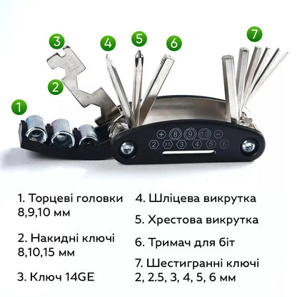 Мультитул велосипедний 13-в-1, набір шестигранників і ключів