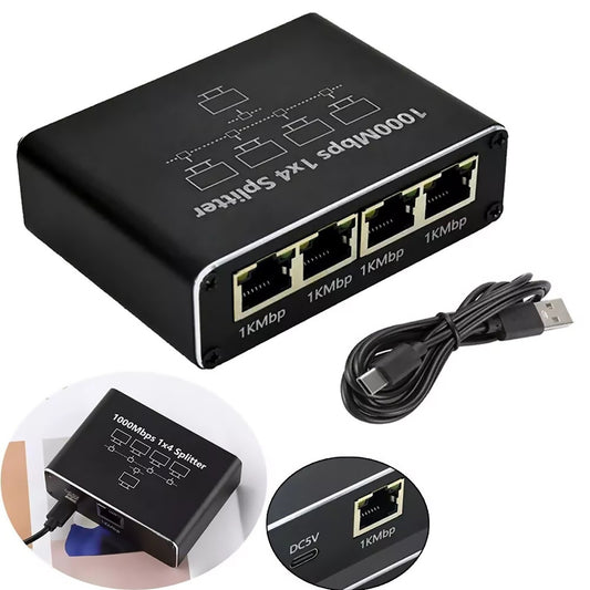 Сплітер мережевий Ethernet RJ45 1000 Мбіт/с активний, 1 на 4, з живленням Type-C