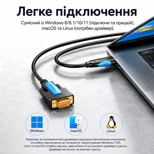 Cable USB-RS232 male, 1.5 m, Prolific PL2303; Vention; gray-blue