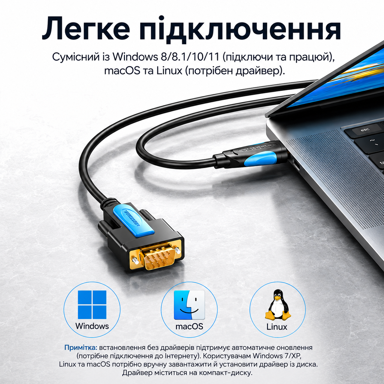 Cable USB-RS232 male, 1.5 m, Prolific PL2303; Vention; gray-blue