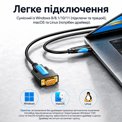 Cable USB-RS232 male, 1.5 m, Prolific PL2303; Vention; gray-blue