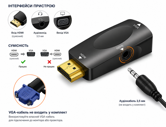 Мини-переходник HDMI на VGA 1080p