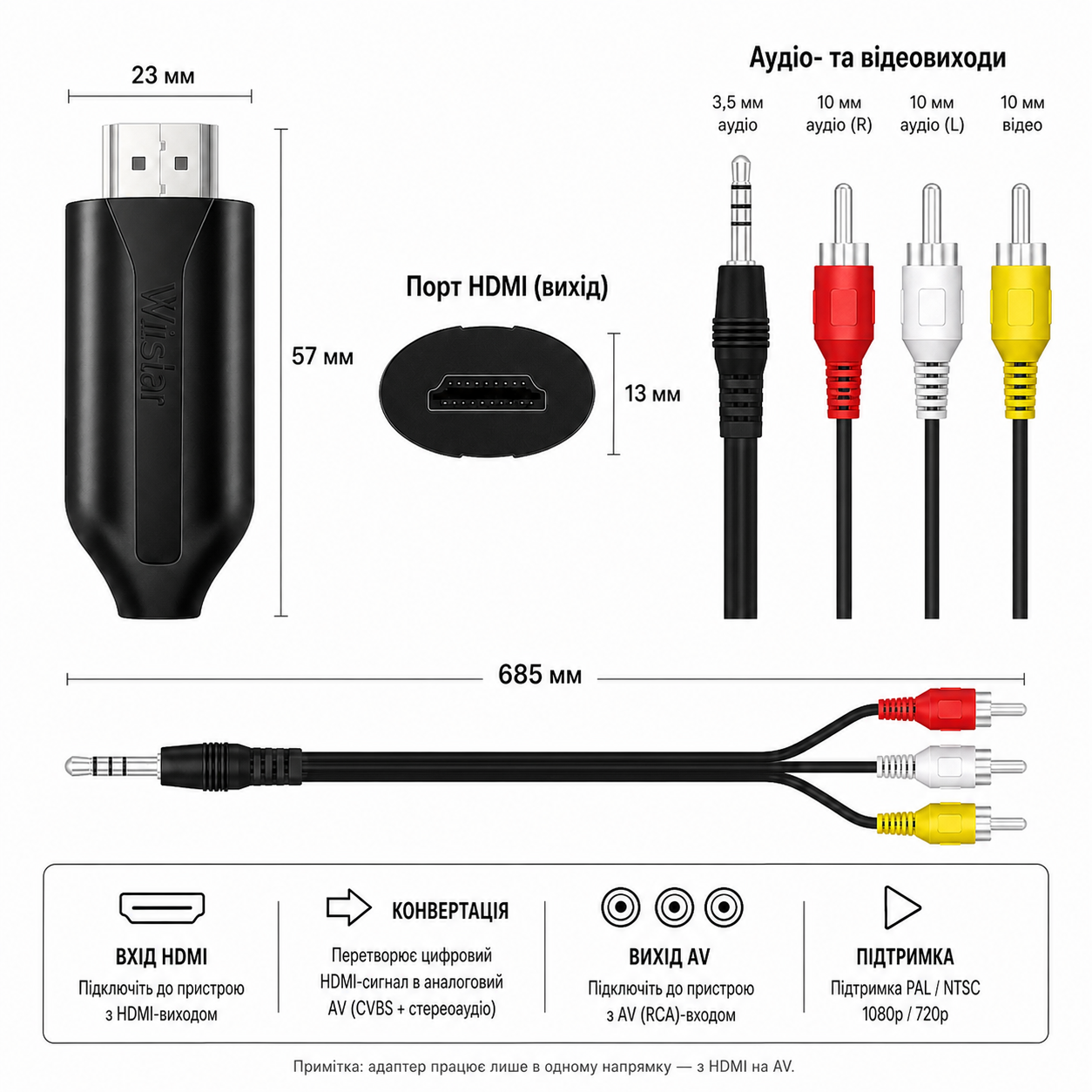 Кабель-конвертер HDMI в AV RCA (тюльпан) Wiistar micro