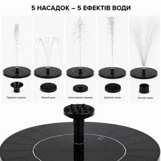 Фонтан на солнечной батарее 16 см с насадками.