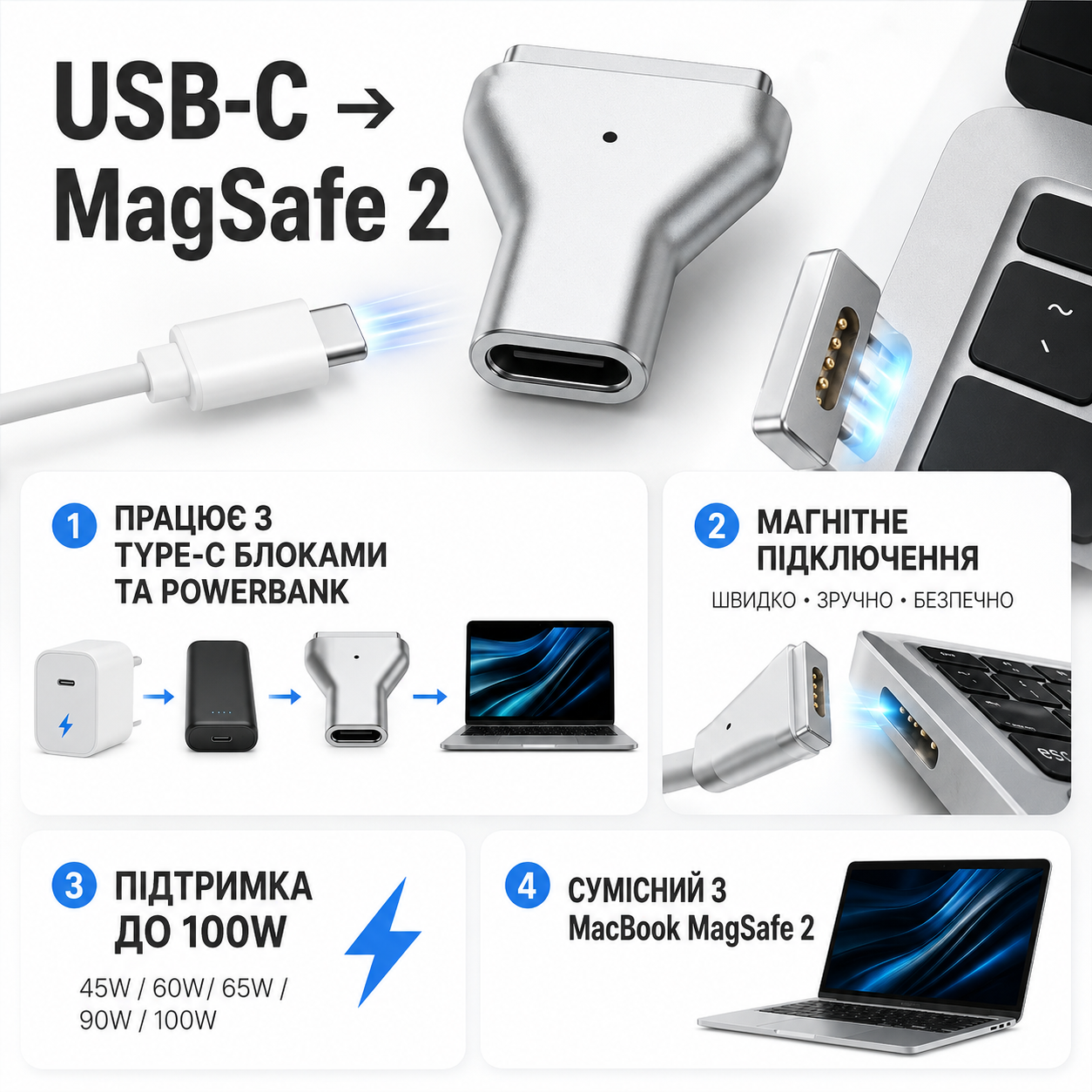 Адаптер живлення Type-C на MagSafe 2 для Apple MacBook