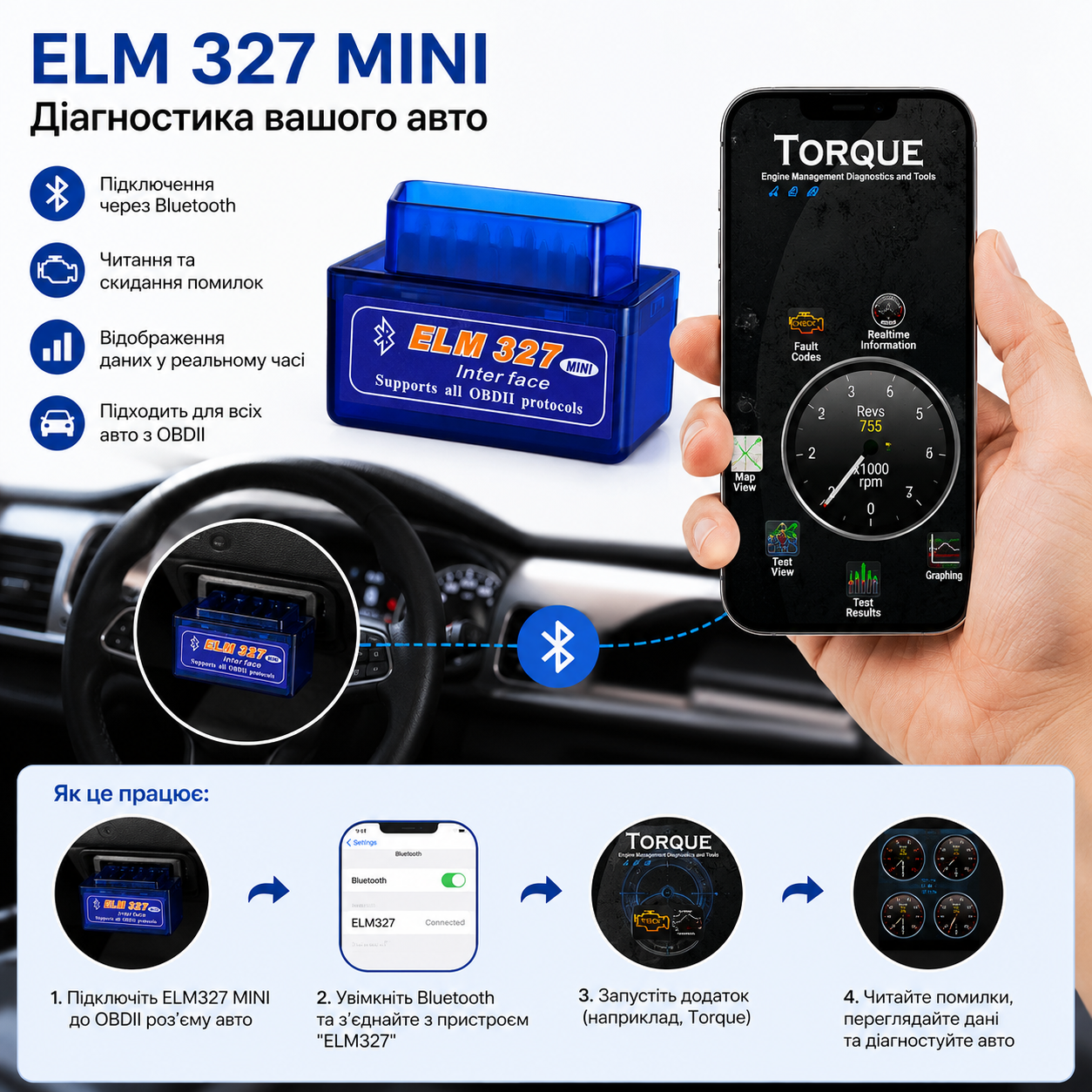 Автосканер ELM327 OBD2 Bluetooth v1.5 (2 плати, чіп PIC18F25K80)