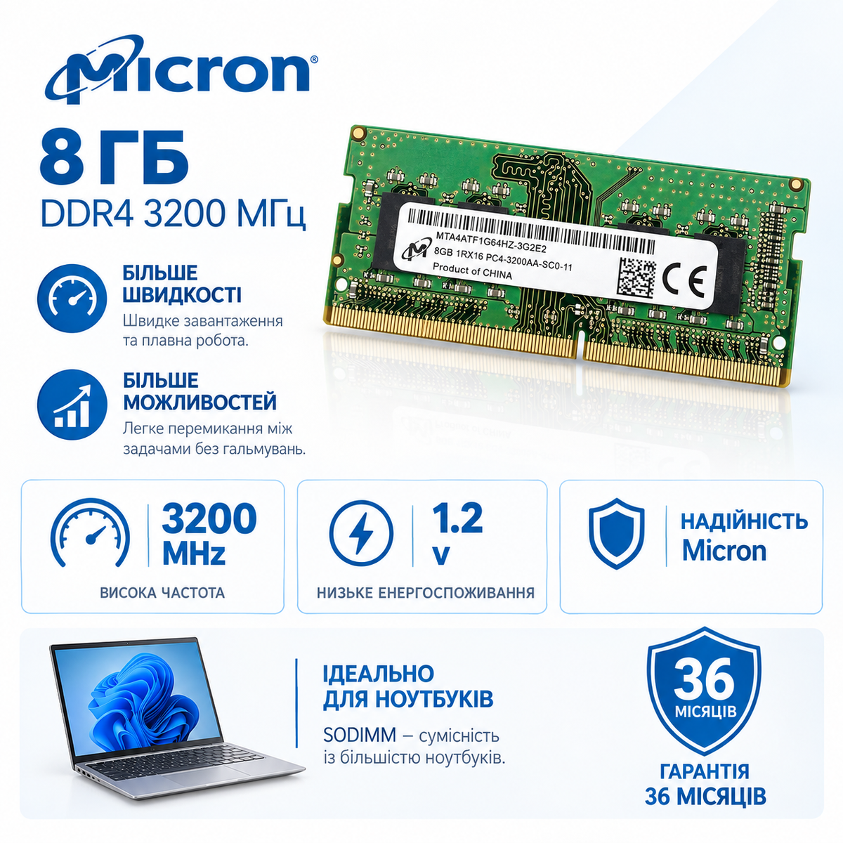 SODIMM 8ГБ DDR4 3200МГц Micron MTA4ATF1G64HZ-3G2E2