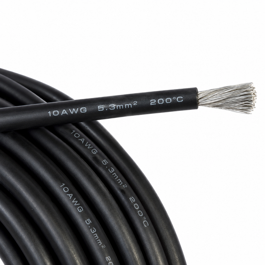 Кабель силовой 10AWG (5.3 мм²) медный луженый в силиконовой изоляции, 1 метр, черный