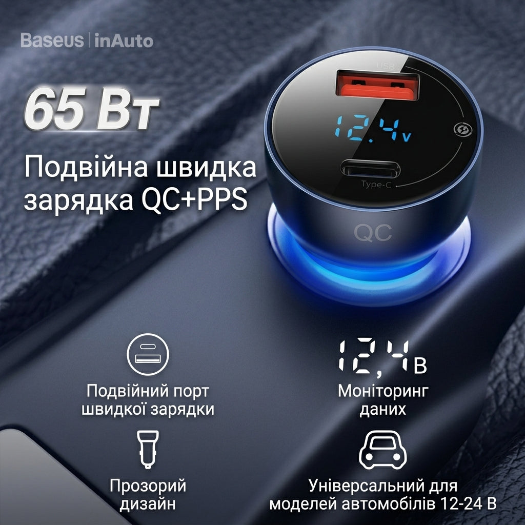 Baseus 65W car charger PPS PD/QC4.0 USB-C/USB-A