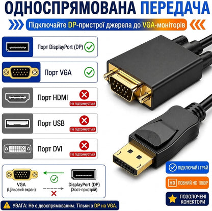 DisplayPort to VGA Adapter Cable, 1.8 m, for Stable Video Signal