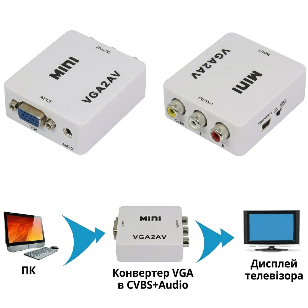Переходник-конвертер VGA to AV RCA активен мини VGA2AV
