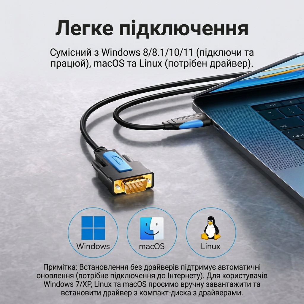 Кабель USB-RS232 male, 2 м, Prolific PL2303 Vention grey-blue