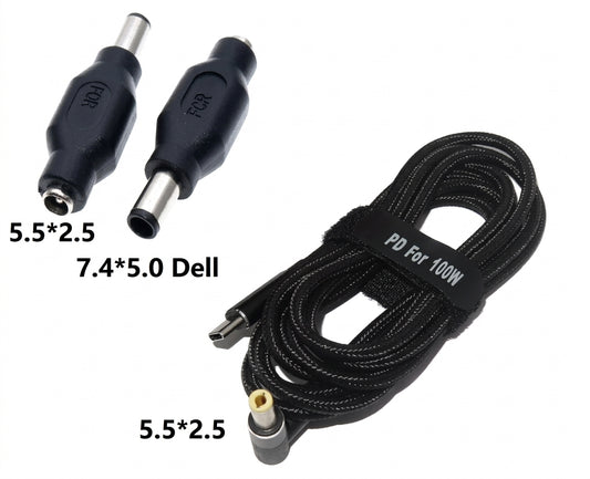 USB Type-C 100W power cable and DC adapter 7.4×5.0*0.6 for charging a laptop