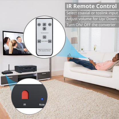 Перехідник аудіо оптика/коаксіал/Bluetooth to 2 RCA + 3.5мм з регулюванням гучності з ІЧ-пультом дистанційного керування Prozor 7P-55